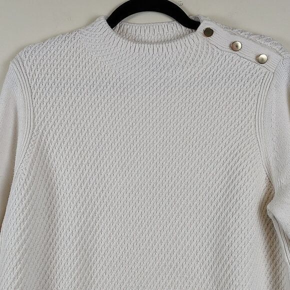 Talbot's Ivory Mixed Knit Gold Button Funnel Neck Sweater Top Size PL - Picture 5 of 11
